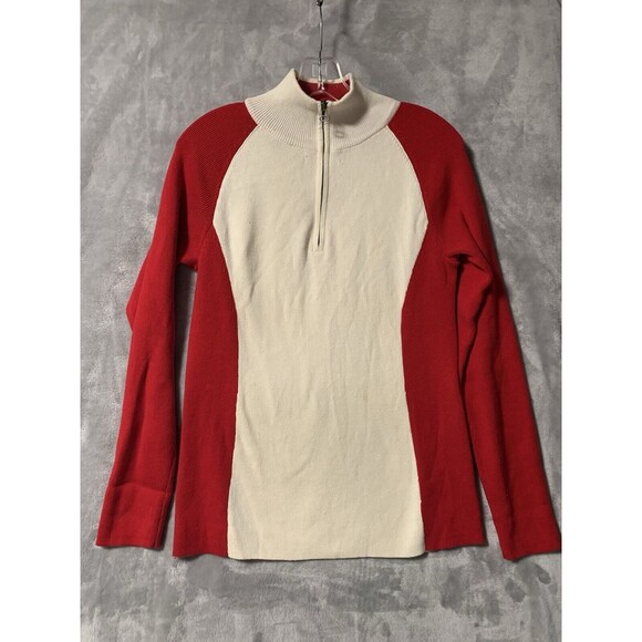 Polo Jeans Co Ralph Lauren Sweater Womens Medium Red White Mock Neck 1/4 Zip - Picture 1 of 10